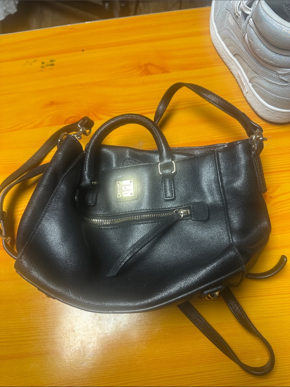 Dooney & Bourke Black Leather Shoulder Bag with Gold Plaque